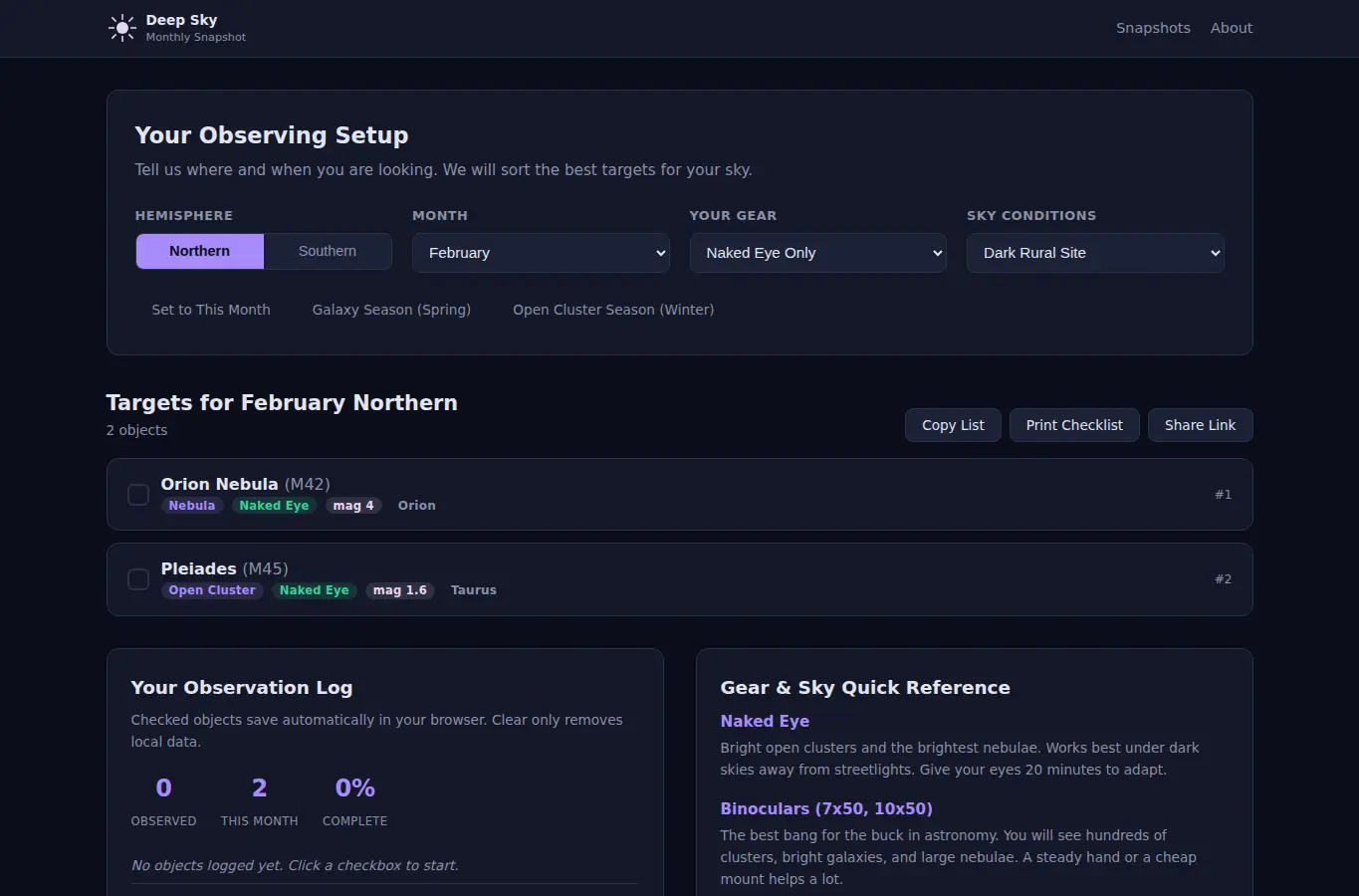 Screenshot of Deep Sky Monthly Snapshot interface showing the project page in use